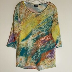 Onque Casual Top Womens Medium Multicolor Rainbow Leopard Bling Embellished Art